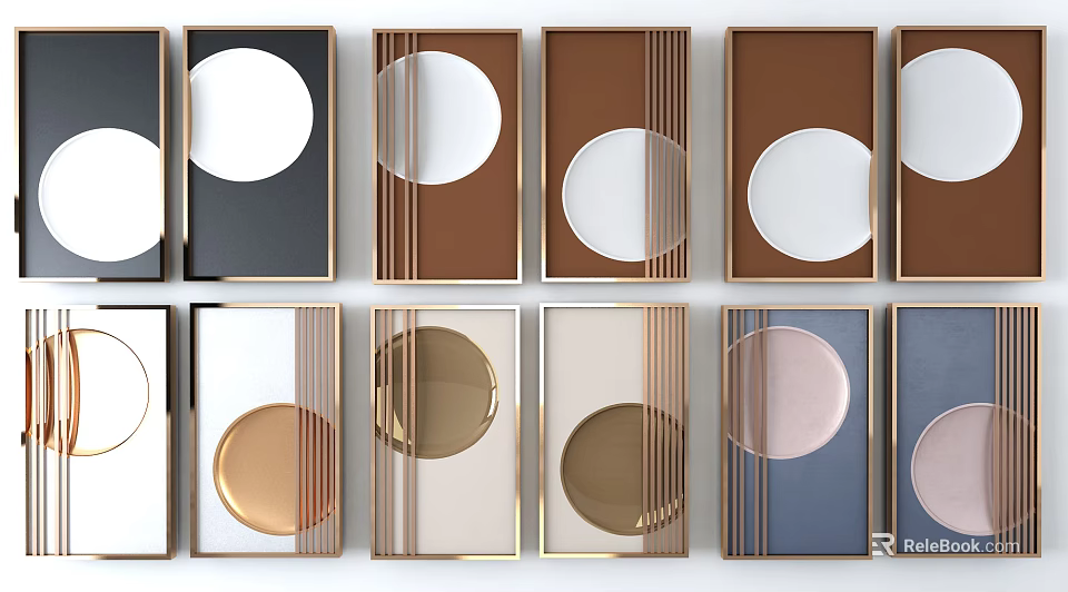 Modern Decorative Wall Art Featuring Circular Shapes And Golden Frames 3d model