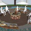 Rural Landscape Riverside Wooden Deck With Stone Fire Pit Cozy Sofas And Large Umbrellas