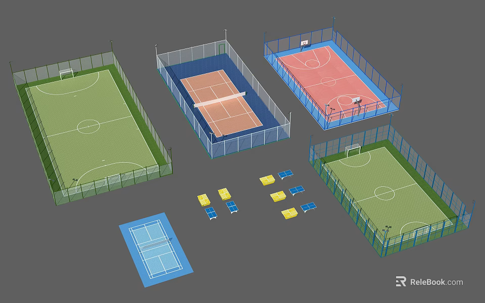 Multiple Sports Courts Setup Including Football Tennis Basketball Areas With Fencing And Seats 3d model 