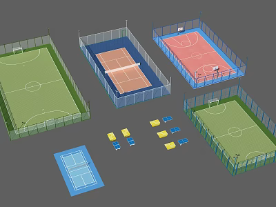 Multiple Sports Courts Setup Including Football Tennis Basketball Areas With Fencing And Seats 3d model