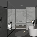 Luxurious Bathroom Interior With Marble Walls Glass Shower Enclosure Round Mirrors And Freestanding Bathtub
