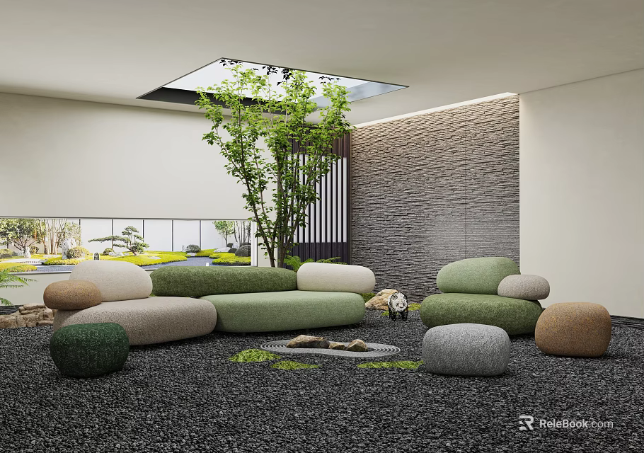 Cozy Relaxation Area With Skylight Curved Sofa Stone Stools Green Plants And Stone Wall 3d model 