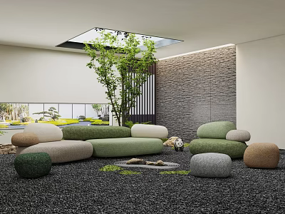 Cozy Relaxation Area With Skylight Curved Sofa Stone Stools Green Plants And Stone Wall 3d model