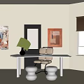 Modern White Desk Setup With Green Plant Vase White Chair And Decorative Paintings