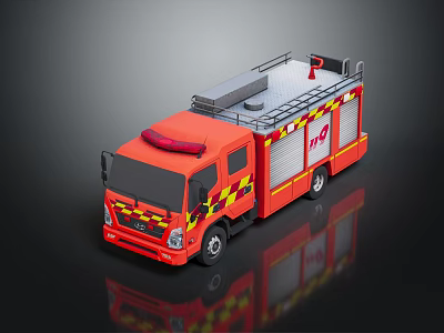 Red Fire Truck with Yellow Black Stripes Roof Ladder and 119 Logo on Reflective Surface 3d model