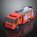 Red Fire Truck with Yellow Black Stripes Roof Ladder and 119 Logo on Reflective Surface