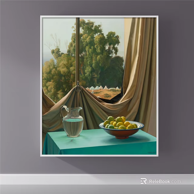 Still Life Glass Pitcher Bowl Of Lemons On Green Table Drawn Curtains Trees Outside 3d model 
