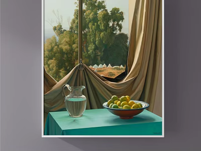 Still Life Glass Pitcher Bowl Of Lemons On Green Table Drawn Curtains Trees Outside 3d model