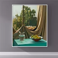 Still Life Glass Pitcher Bowl Of Lemons On Green Table Drawn Curtains Trees Outside