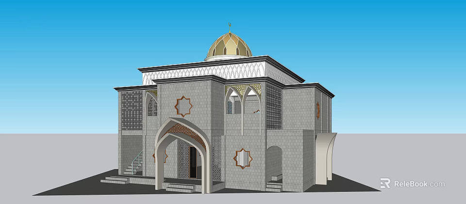 Ancient Architecture With Golden Dome Gray Stone Arched Doorway And Geometric Patterns 3d model 