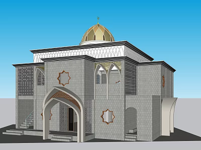 Ancient Architecture With Golden Dome Gray Stone Arched Doorway And Geometric Patterns 3d model
