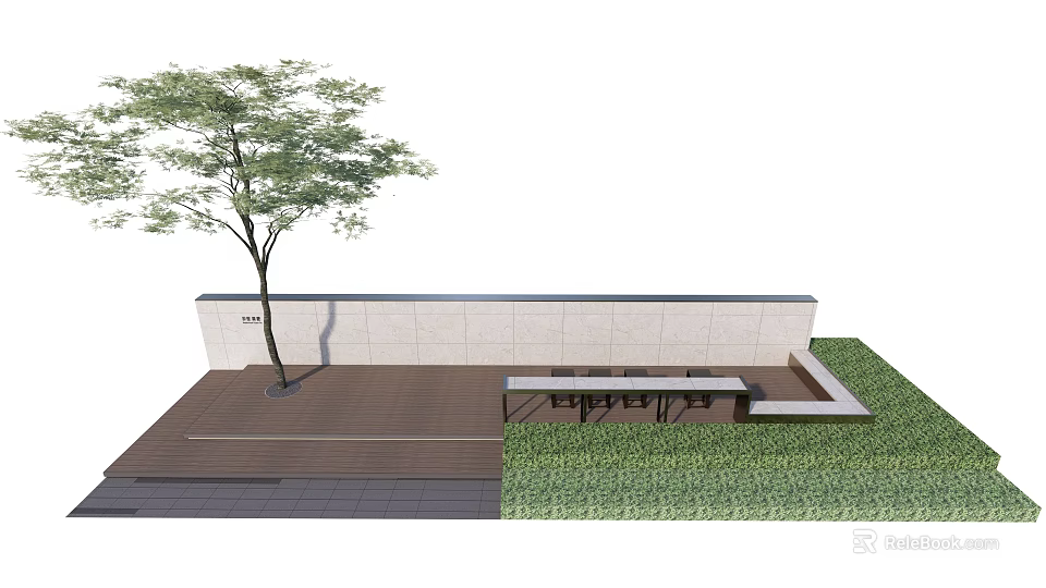 Modern Outdoor Bar Counter With Tree Grass And White Wall Design 3d model