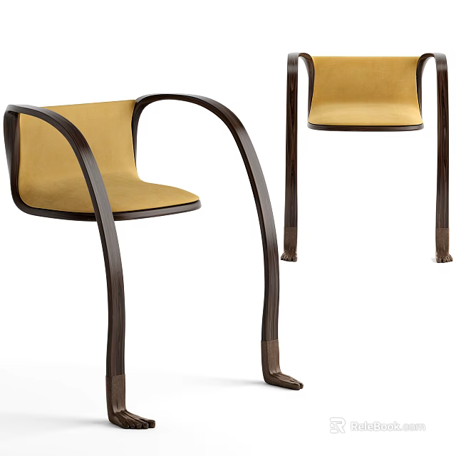 Modern Single Chair With Curved Wooden Frame And Yellow Cushion Design 3d model 