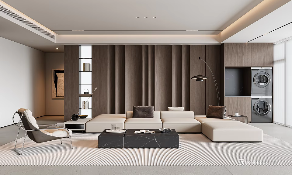 Modern Living Room Interior With Beige Sectional Sofa And Black Marble Coffee Table 3d model 