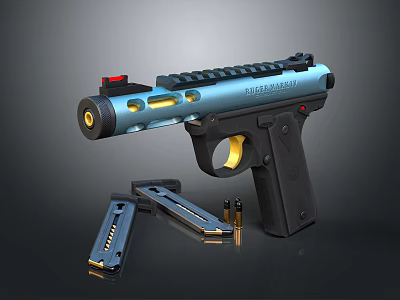 Modern 223 Remington Pistol with Red Dot Sight Magazines and Bullets on Black Surface 3d model