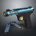 Modern 223 Remington Pistol with Red Dot Sight Magazines and Bullets on Black Surface