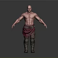 Shirtless Bald Man With Muscular Build Red Loincloth Brown Belt Knee Boots And Gray Background