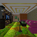 KTV Interior Design With Purple Sofa Green Carpet And Decorative Ceiling