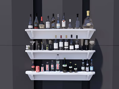 White Wall Cabinets Displaying Wine Bottles And Glasses On Shelves 3d model