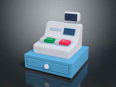 Modern Cash Register With White Body Blue Drawer Green Red Buttons And Display Screen 3d model