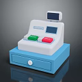 Modern Cash Register With White Body Blue Drawer Green Red Buttons And Display Screen