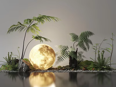 Moon Shaped Outdoor Light With Ferns And Stones For Garden Decoration 3d model