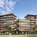 Modern Multistory Residential Building With Large Glass Windows Green Trees And Blue Sky View