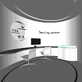 Testing Center Interior With Curved Workbench Computer Chairs Cabinet And Circular Shelf