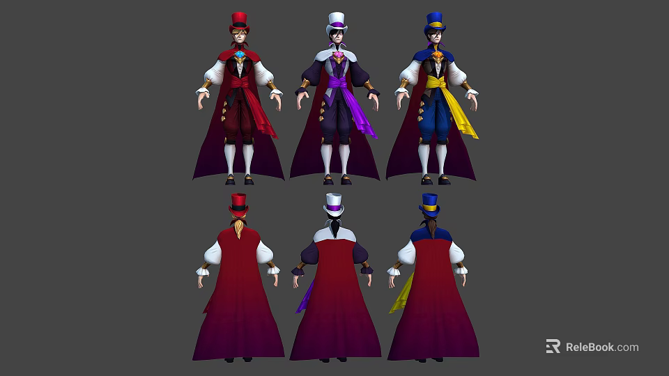 Male Characters In Different Colored Outfits With Hats Capes And Front Back Views 3d model 