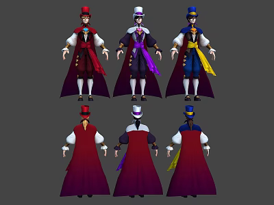 Male Characters In Different Colored Outfits With Hats Capes And Front Back Views 3d model