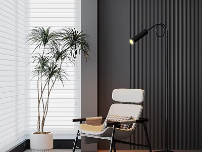 Modern White Leisure Chair With Black Legs By Window Floor Lamp And Potted Plant 3d model