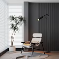 Modern White Leisure Chair With Black Legs By Window Floor Lamp And Potted Plant