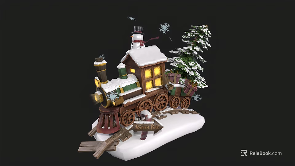 Cartoon Christmas Train Scene With Snowman Pine Tree And Snow Covered Roof 3d model 