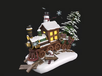 Cartoon Christmas Train Scene With Snowman Pine Tree And Snow Covered Roof 3d model