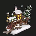 Cartoon Christmas Train Scene With Snowman Pine Tree And Snow Covered Roof