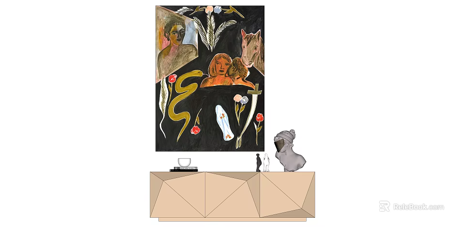 Vibrant Figurative Portrait Painting With Female Figures Flowers And Horse On Wall Above Cabinet 3d model 