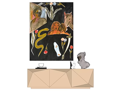 Vibrant Figurative Portrait Painting With Female Figures Flowers And Horse On Wall Above Cabinet 3d model