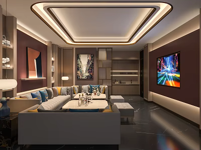 Modern KTV Room With Comfortable Sofa Large TV Screen Art Decor And Lighting Design 3d model