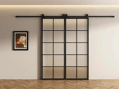 Modern Black Frame Barn Door With Vertical Textured Glass And Wooden Floor 3d model
