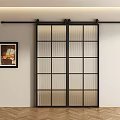 Modern Black Frame Barn Door With Vertical Textured Glass And Wooden Floor