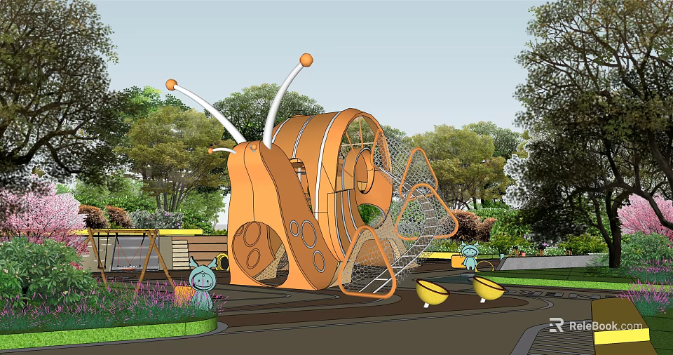 Orange Butterfly Shaped Climbing Structure In Children's Outdoor Playground With Trees 3d model 