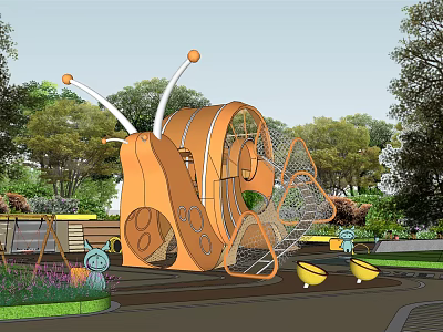 Orange Butterfly Shaped Climbing Structure In Children's Outdoor Playground With Trees 3d model