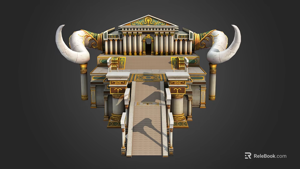 Ancient Architecture With Ornate Golden Details Large White Horn Like Structures And Columns 3d model 