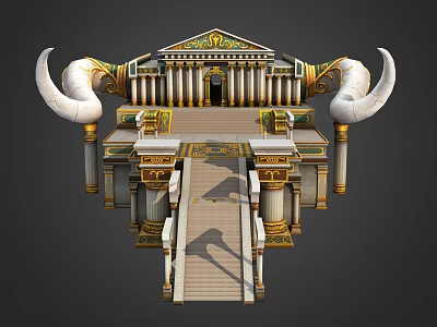 Ancient Architecture With Ornate Golden Details Large White Horn Like Structures And Columns 3d model