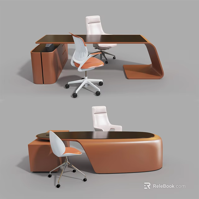 Modern Office Desk With Brown Cabinet White Rolling Chairs And Curved Design Elements 3d model 