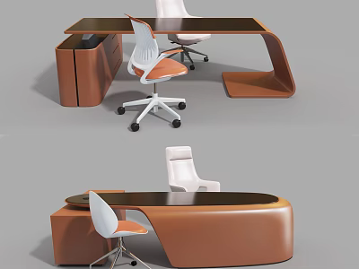 Modern Office Desk With Brown Cabinet White Rolling Chairs And Curved Design Elements 3d model