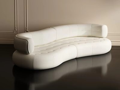 White Curved Modern Two Seater Leather Sofa Upholstered Interior With Light Wall Dark Floor 3d model