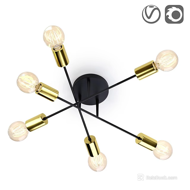 Modern Chandelier With Black Base Crossed Metal Arms Gold Sockets Six Clear Bulbs 3d model 