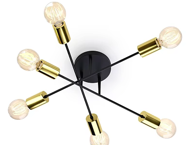 Modern Chandelier With Black Base Crossed Metal Arms Gold Sockets Six Clear Bulbs 3d model