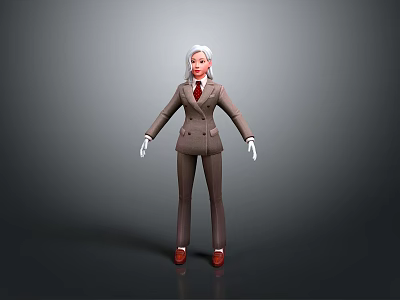 3D Female Character In Brown Suit With White Hair Red Tie White Gloves Red Shoes 3d model